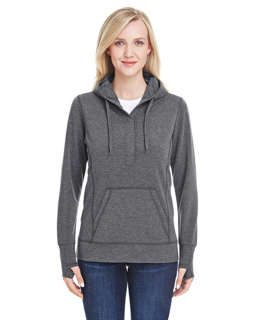 JA8431 J America Ladies' Omega Stretch Snap-Placket Hooded Sweatshirt